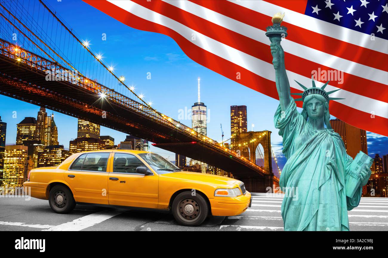 Collage fotografico di New York City con taxi giallo, Statua della libertà, Ponte di Brooklyn al crepuscolo e bandiera degli Stati Uniti che sventola nel vento Foto Stock