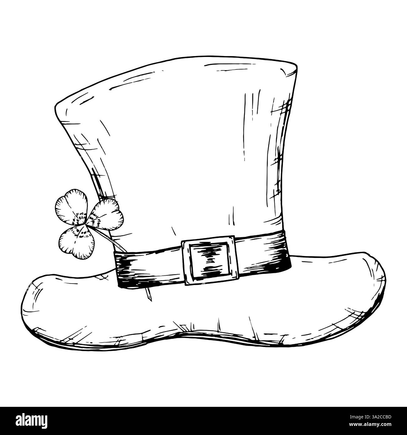 Illustrazione in bianco e nero disegnata a mano di un classico cappello da leprechaun con un piccolo trifoglio a quattro foglie. Perfetto per il folklore irlandese, il giorno di San Patrizio Illustrazione Vettoriale