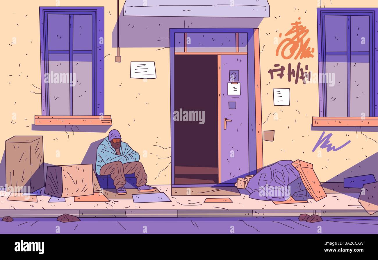 Senzatetto scena urbana di strada uomo seduto scatole di cartone graffiti parete colori pastello arte digitale Illustrazione Vettoriale