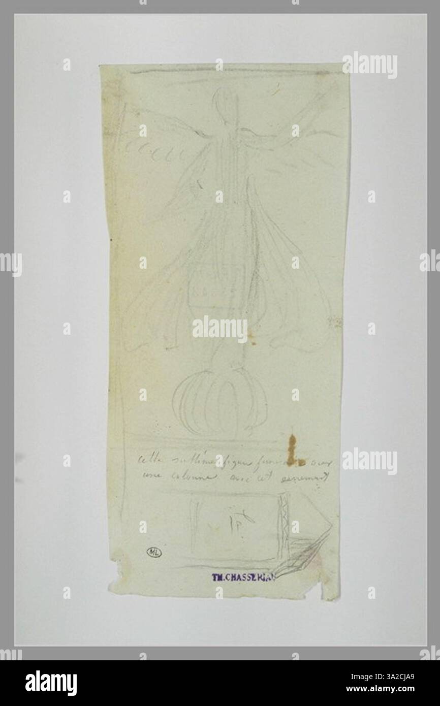 Un angelo posizionato su un globo, circondato da dettagli ornamentali. La figura rappresenta la presenza divina con enfasi sulla grazia e sul simbolismo celeste. Foto Stock