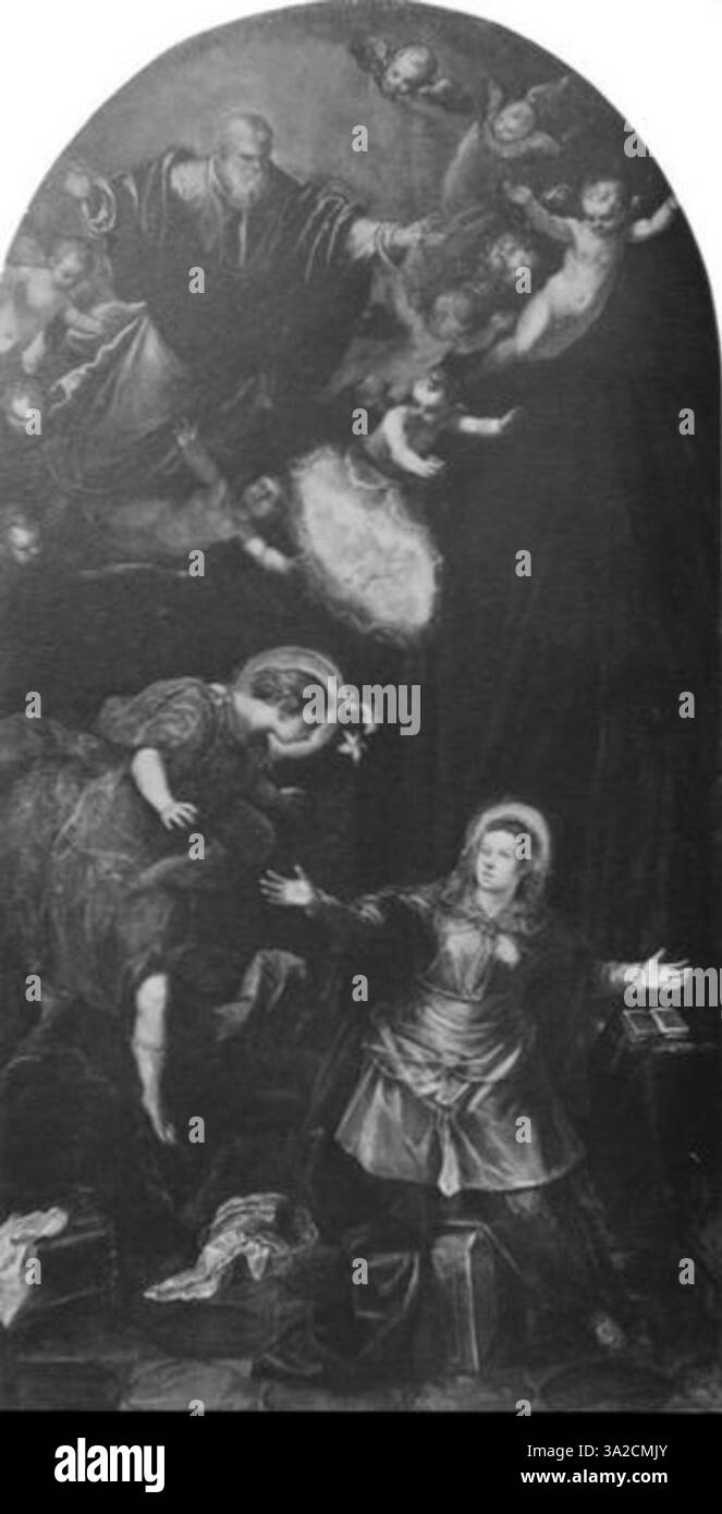 Questo dipinto di Jacopo Tintoretto mostra la sua capacità di creare potenti narrazioni emotive attraverso l'uso di luce, ombra e movimento dinamico. Le cifre appaiono piene di energia e intensità. Foto Stock