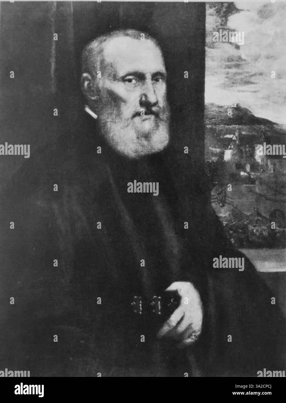 In questo ritratto, Jacopo Tintoretto cattura il soggetto con un raffinato abbigliamento rinascimentale, enfatizzando le texture dettagliate dell'abbigliamento e l'espressione composta e nobile del soggetto. Foto Stock