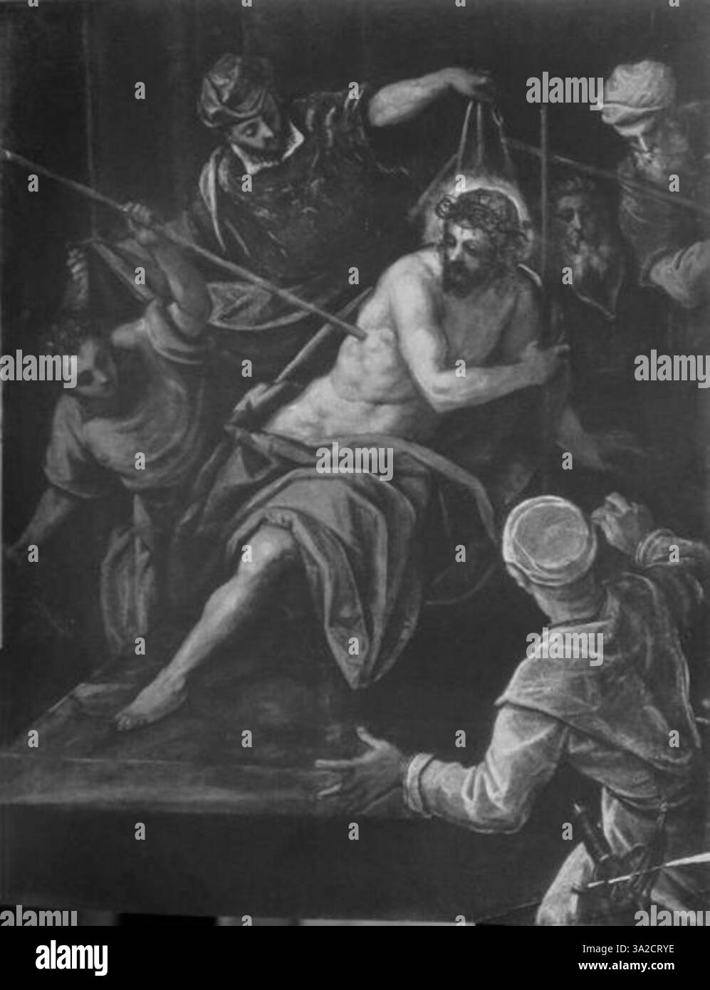 In questo dipinto, Jacopo Tintoretto utilizza contrasti audaci di luce e buio per creare una scena drammatica. Le figure sono catturate in pose intense ed energiche, trasmettendo il potere emotivo della narrazione religiosa o storica. Foto Stock