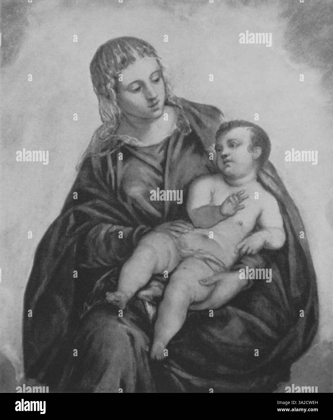 Questo dipinto di Jacopo Tintoretto mette in mostra la sua capacità di catturare momenti forti attraverso l'uso drammatico di luce e ombra. Le figure all'interno della scena sono ritratte con intense emozioni, riflettendo la padronanza dell'artista nel movimento e nella composizione. Foto Stock