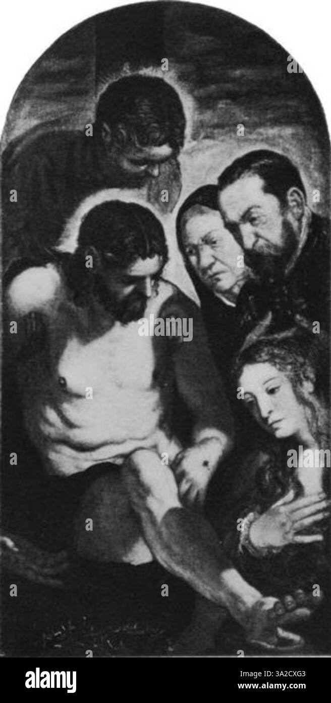 Questo dipinto di Jacopo Tintoretto mostra una figura storica in abbigliamento formale, catturando i dettagli dell'abbigliamento e l'espressione del soggetto, tipica della ritrattistica rinascimentale. Foto Stock