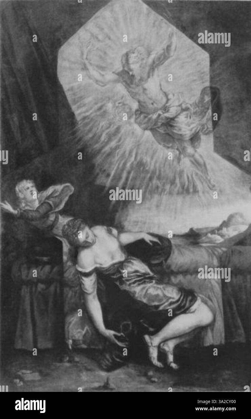 Questo pezzo di Jacopo Tintoretto illustra la sua dinamica pennellata e l'illuminazione drammatica in una scena religiosa o mitologica, catturando intense emozioni e movimenti attraverso vividi contrasti. Foto Stock