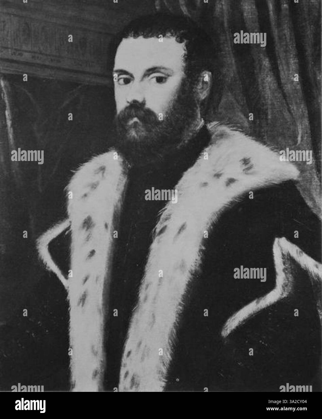 Questa opera d'arte di Jacopo Tintoretto cattura l'essenza della ritrattistica rinascimentale attraverso la rappresentazione precisa dell'abbigliamento del soggetto e delle sottili espressioni facciali, riflettendo la nobiltà del periodo temporale. Foto Stock