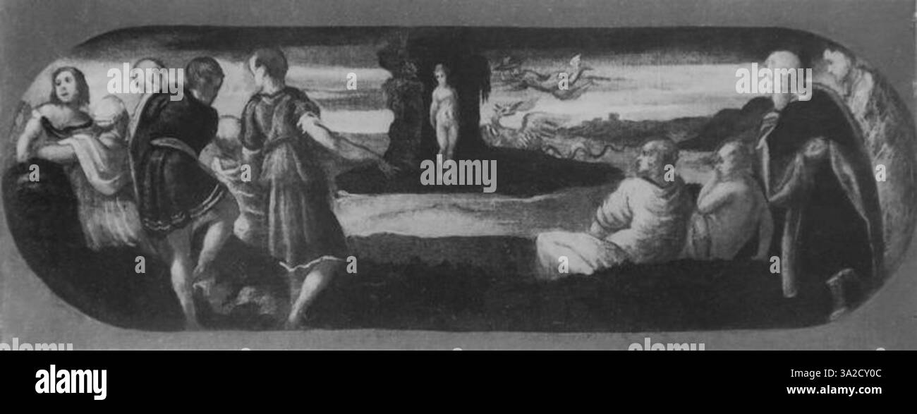 Questo dipinto di Jacopo Tintoretto ritrae il suo caratteristico stile di intensi contrasti di luce e figure dinamiche. Il tema religioso o storico è amplificato dalla profondità emotiva e dall'energia nella composizione. Foto Stock