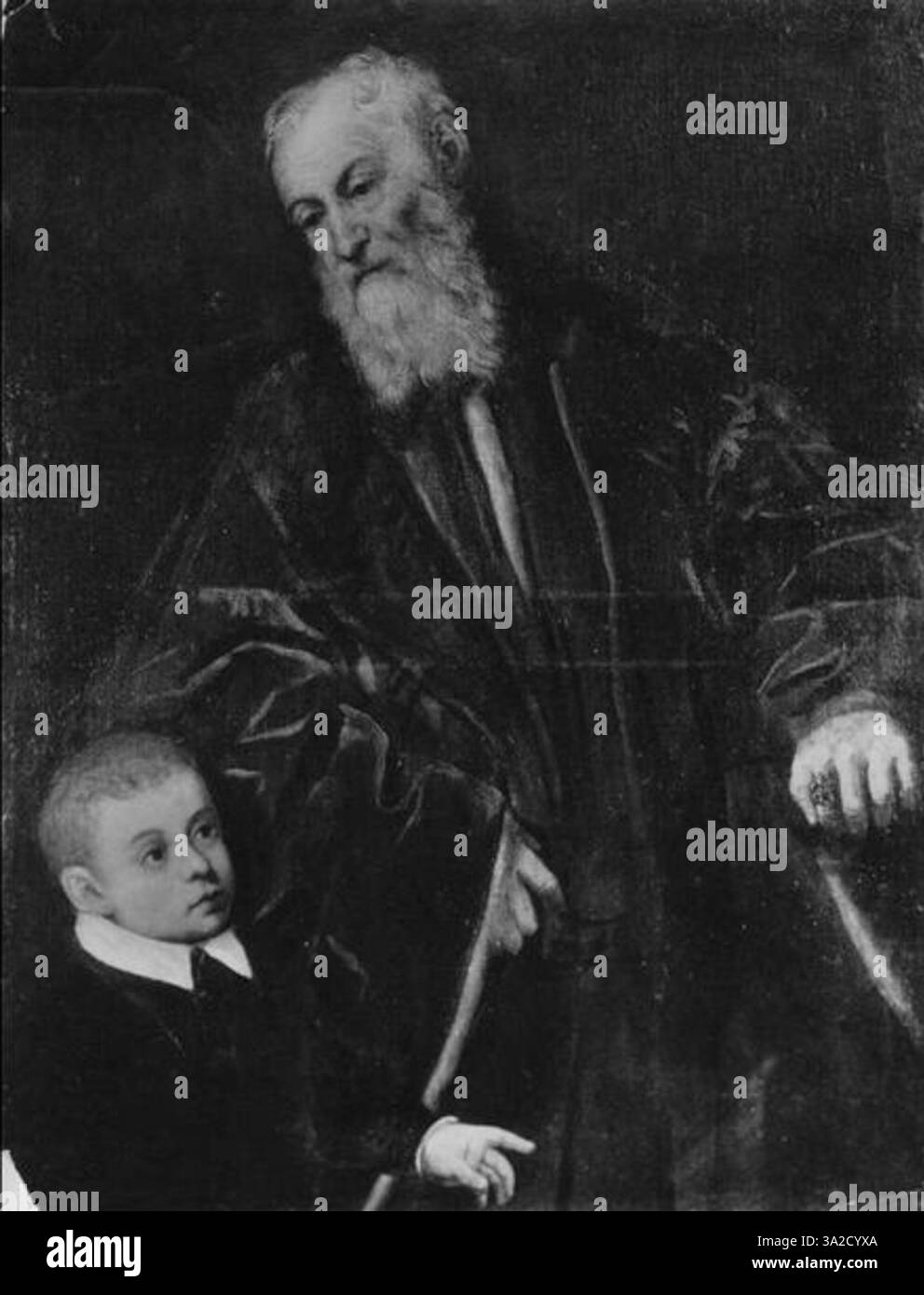 Questo ritratto di Jacopo Tintoretto espone una figura storica in tradizionale abbigliamento rinascimentale, mettendo in risalto i raffinati dettagli dell'abbigliamento e le caratteristiche facciali, tipiche dell'arte veneziana del XVI secolo. Foto Stock