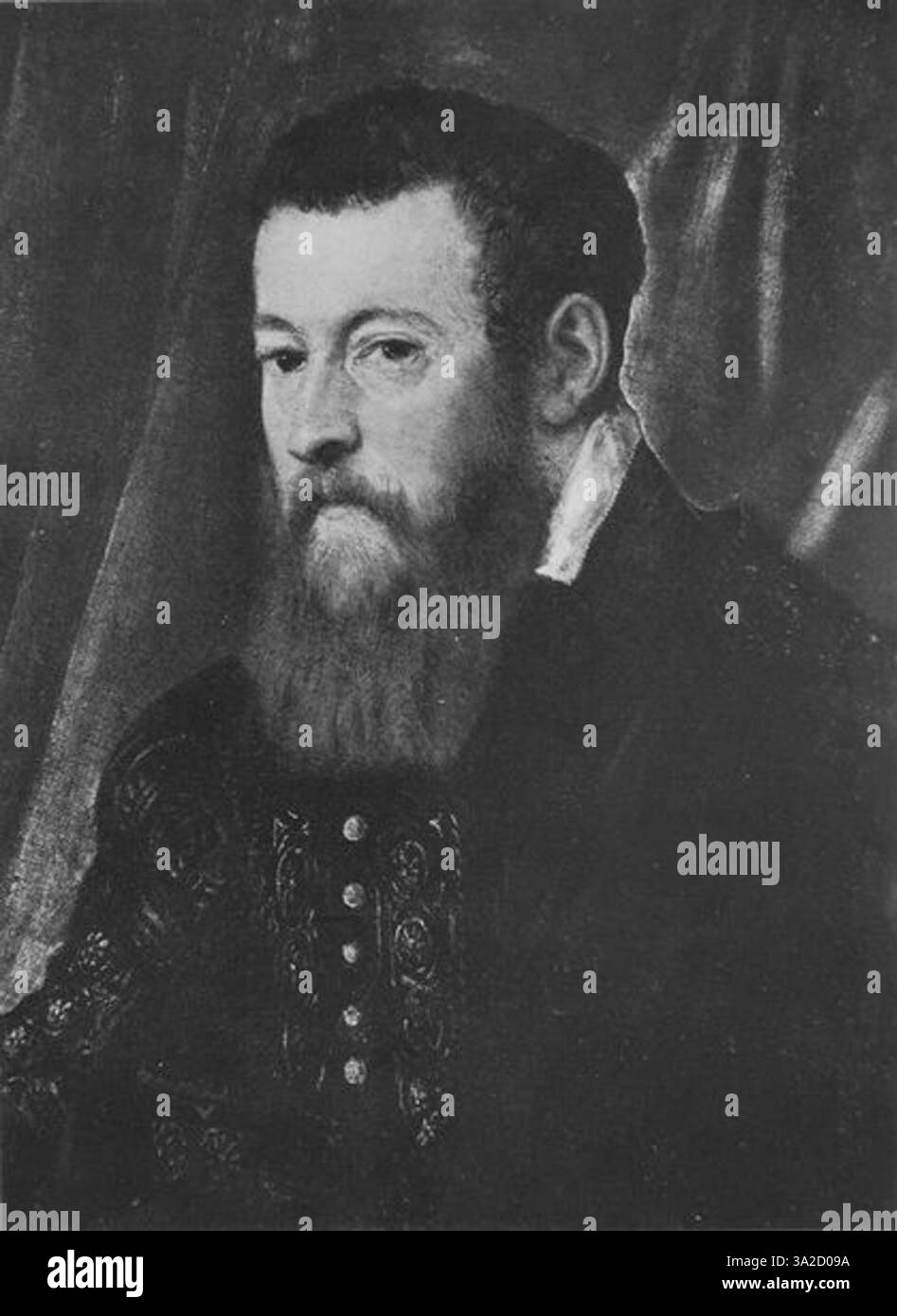 Questo ritratto di Jacopo Tintoretto è caratterizzato dall'uso da parte dell'artista di vividi contrasti tra luce e ombra, che mostra la sua abilità nel catturare l'espressione interiore del soggetto e il suo carattere nobile. Foto Stock