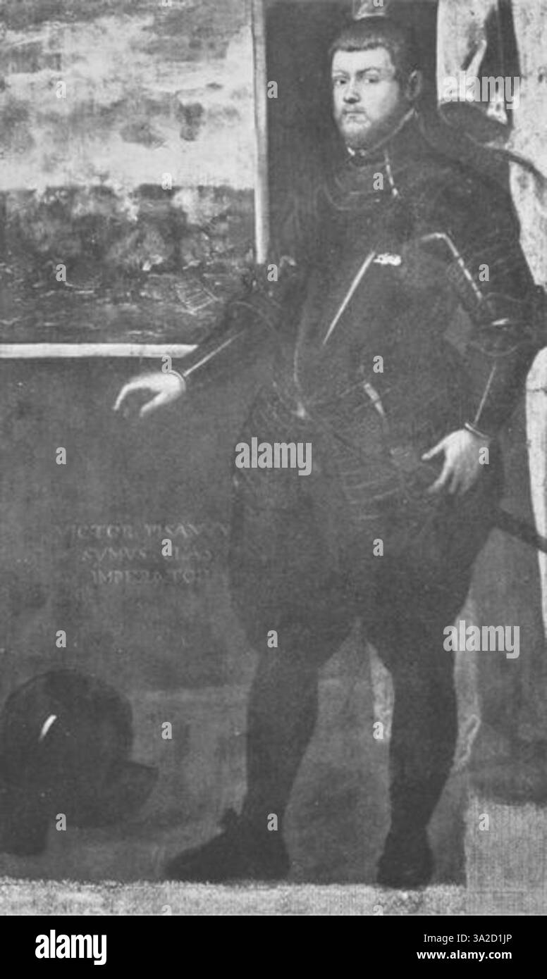 Questa opera di Jacopo Tintoretto presenta una figura storica in abbigliamento rinascimentale, con particolare attenzione alle pieghe degli abiti e alla posa dignitosa della figura. Foto Stock