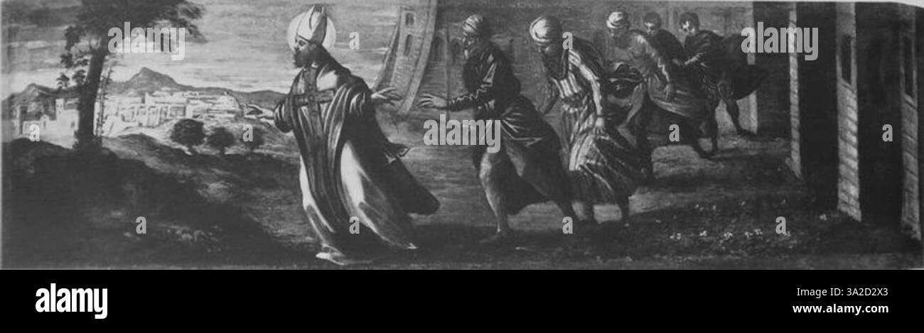 Questo dipinto di Jacopo Tintoretto è caratterizzato da movimento dinamico, contrasti di luce audaci e intensità emotiva. L'opera trasmette l'urgenza e il potere di una narrazione storica o religiosa. Foto Stock