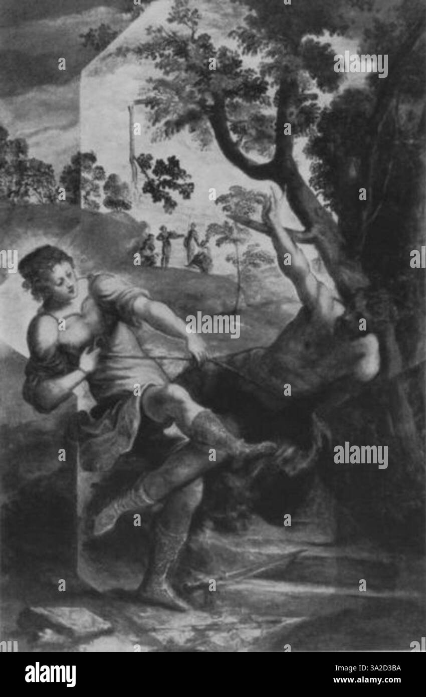 Questo dipinto di Jacopo Tintoretto cattura un momento religioso o storico con luci drammatiche e figure dinamiche. La composizione enfatizza il movimento e l'emozione, comuni nelle sue opere successive. Foto Stock