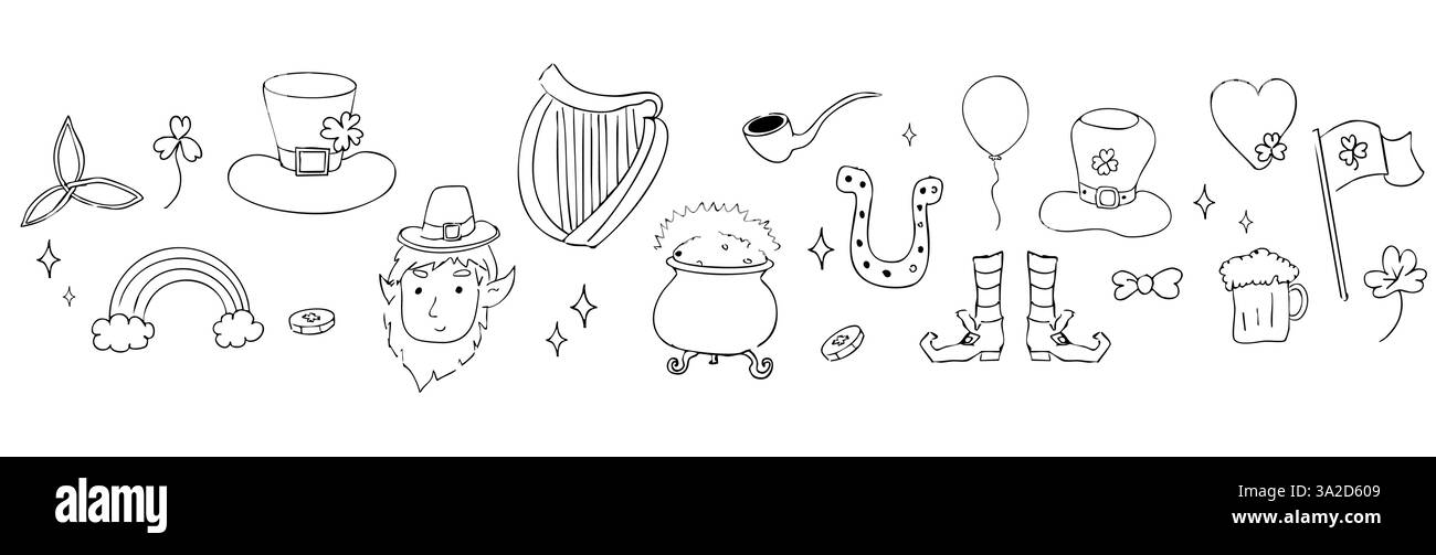 Decorazioni in stile doodle per il giorno di San Patrizio con decorazioni tradizionali. Arcobaleno, arpa, monete e trifoglio fortunato. . Illustrazione vettoriale Illustrazione Vettoriale