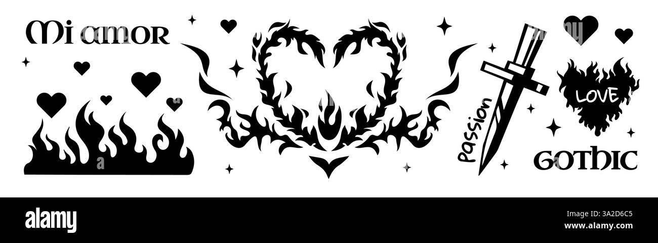 Set grafico Gothic Passion: Forme di cuore nere con fiamme, elementi tribali, coltello e segni. Collezione di simboli d'amore romantici scuri per un motivo audace con tatuaggi, stampa t-shirt, biglietti per San Valentino. Illustrazione Vettoriale