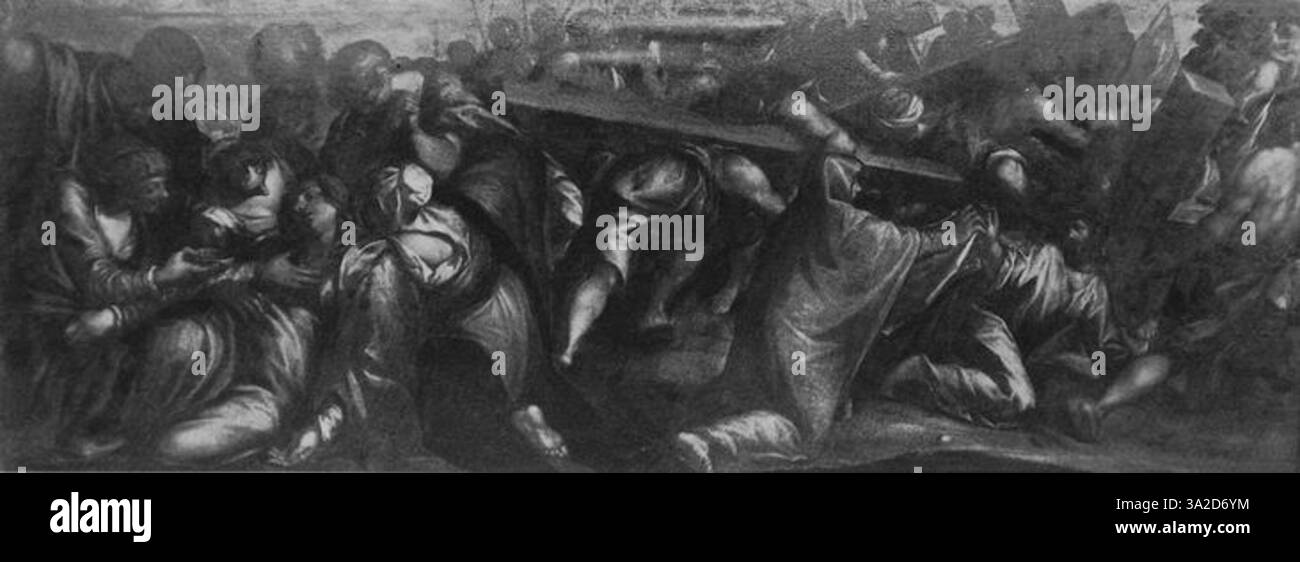 In questa opera d'arte, Jacopo Tintoretto utilizza il posizionamento dinamico delle figure e l'illuminazione drammatica per enfatizzare l'intensità emotiva della narrazione religiosa o storica. L'energia della composizione riflette lo stile del Tintoretto. Foto Stock