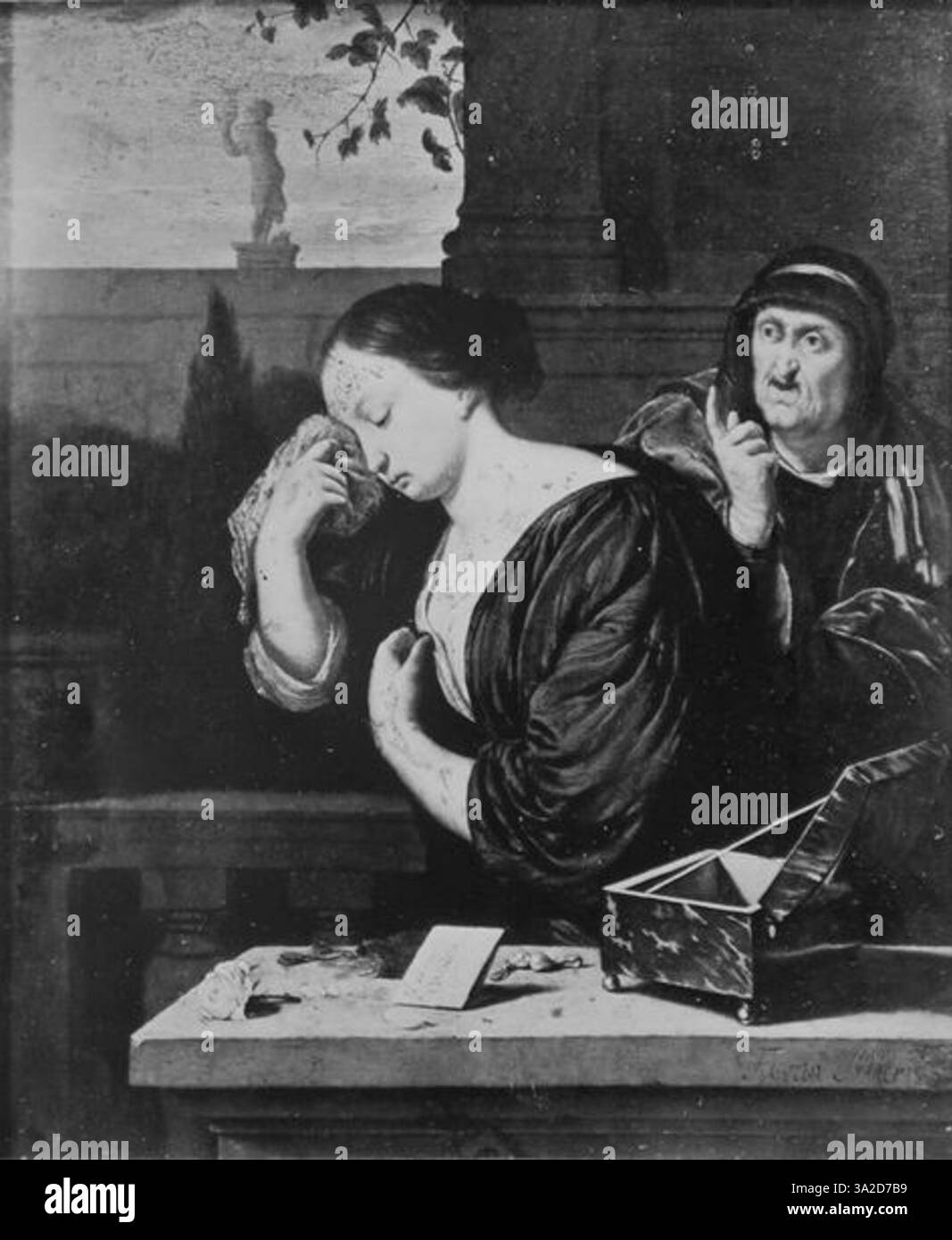 Le opere di Frans van Mieris sono celebrate per i loro dettagli precisi e intricati, come si vede in questo genere di pittura che raffigura la vita domestica nel secolo d'oro olandese. Foto Stock