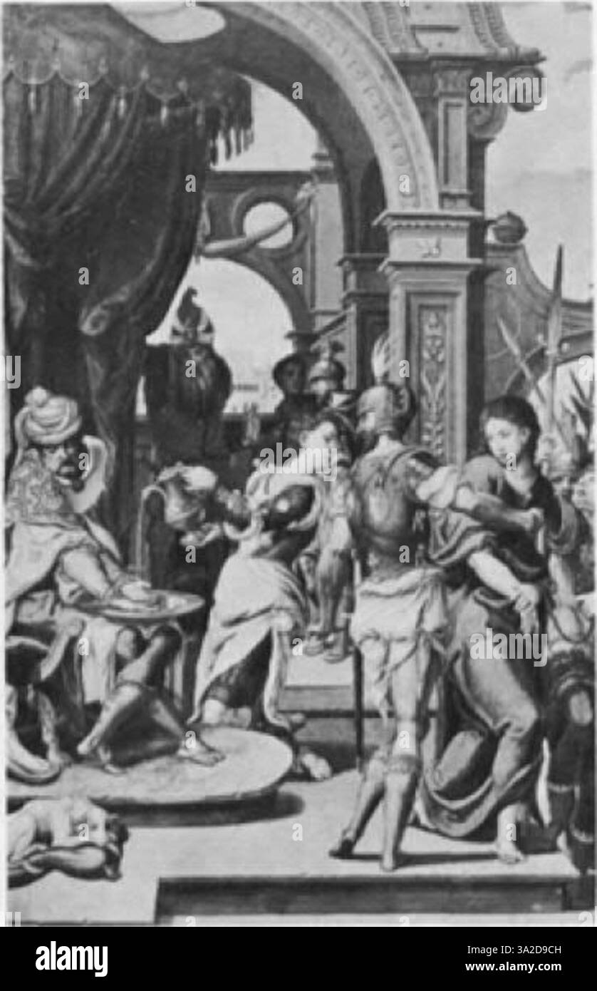 Questo dipinto di Jan van Scorel e Pieter Coeck van Aelst illustra il meticoloso dettaglio caratteristico dell'arte rinascimentale settentrionale, raffigurando figure religiose in una composizione equilibrata e strutturata. Foto Stock