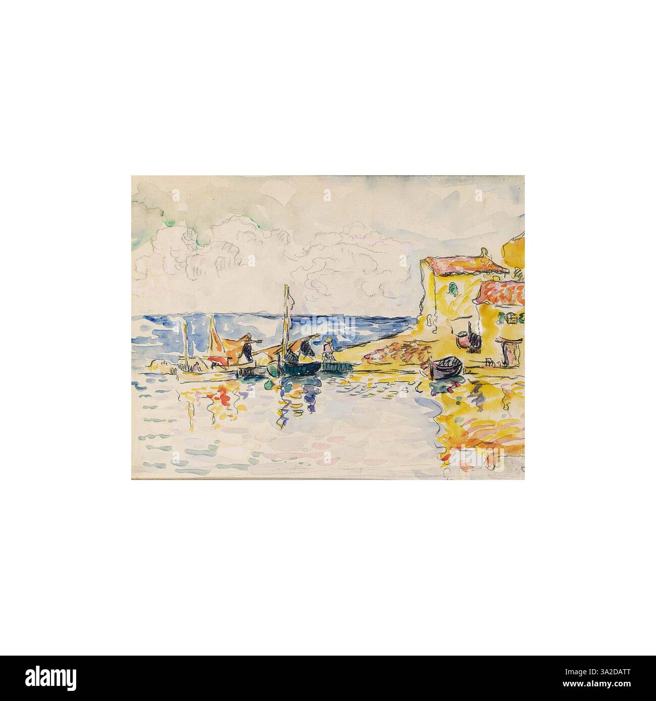 "Le Port de St. Tropez" cattura il vivace porto di questa iconica località di villeggiatura francese. Le barche sono attraccate, con riflessi degli edifici circostanti e la luce che cambia. Foto Stock