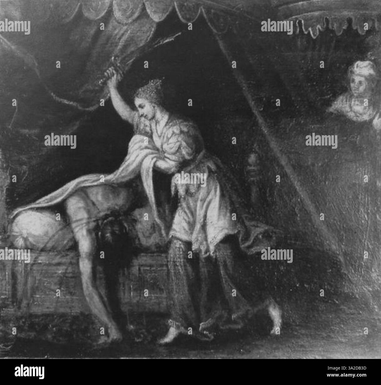 L'opera di Jacopo Tintoretto presenta contrasti drammatici in luce e ombra, con figure espressive che creano una narrazione dinamica ed emotiva. La composizione riflette il suo approccio ai temi storici e religiosi. Foto Stock