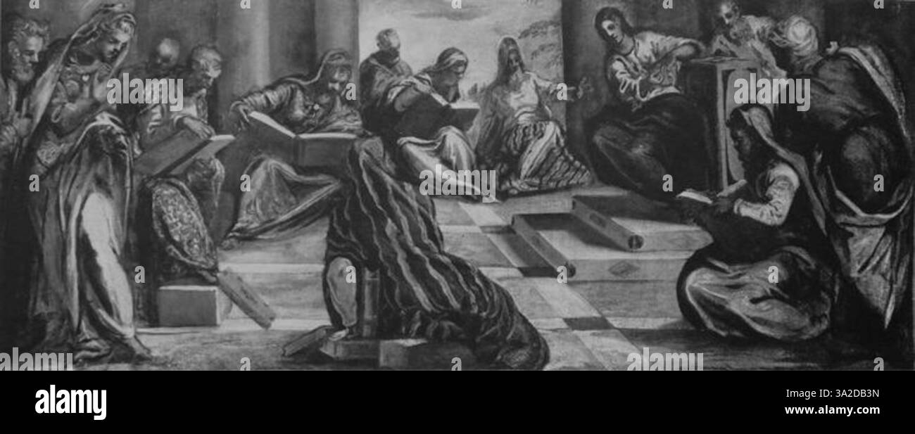 In questo pezzo, Jacopo Tintoretto usa il suo stile distintivo di contrasti audaci e movimenti drammatici per rappresentare una narrazione religiosa. Le figure sono piene di energia ed emozione, un segno distintivo del suo lavoro durante il tardo Rinascimento. Foto Stock