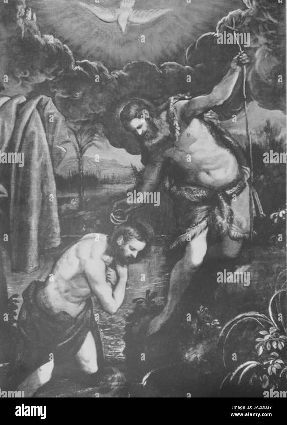 Questo pezzo di Jacopo Tintoretto mette in mostra il suo audace uso di luci e movimenti di figura vigorosi per trasmettere una narrazione emotiva e dinamica, tipica delle sue opere basate su temi religiosi e storici. Foto Stock