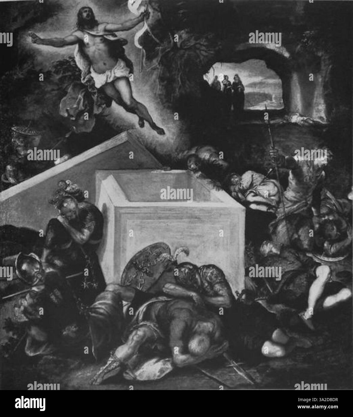 Questa opera d'arte di Jacopo Tintoretto è caratterizzata dal suo potente uso dell'illuminazione per evidenziare l'azione drammatica della scena. Le figure vengono catturate in movimento, migliorando la profondità emotiva della narrazione. Foto Stock