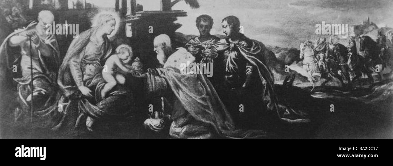 Questo dipinto di Jacopo Tintoretto utilizza la luce e il movimento per creare una scena emotiva e dinamica. Le figure della composizione trasmettono una forte narrazione e un'intensa emozione, caratteristica dello stile del Tintoretto. Foto Stock