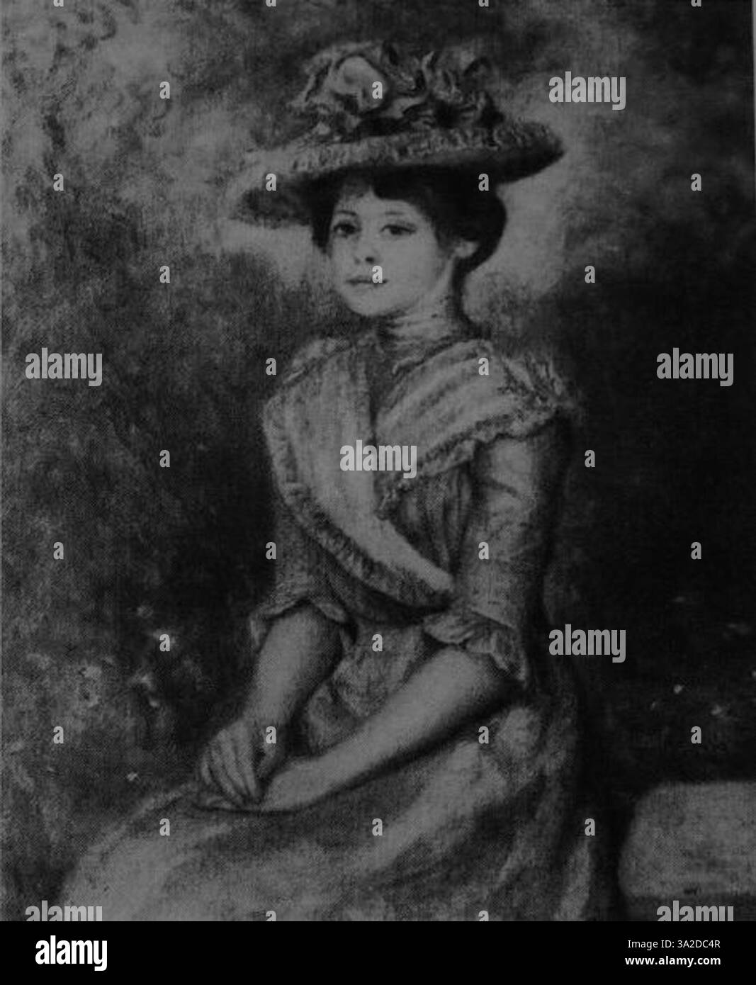 L'opera d'arte di Renoir presenta un uso dinamico della luce e dei colori, raffigurando una figura con pennellate morbide e delicate. Il suo approccio impressionista è evidente nella qualità vivace e realistica del lavoro, dimostrando la sua abilità nel creare atmosfera e umore. Foto Stock