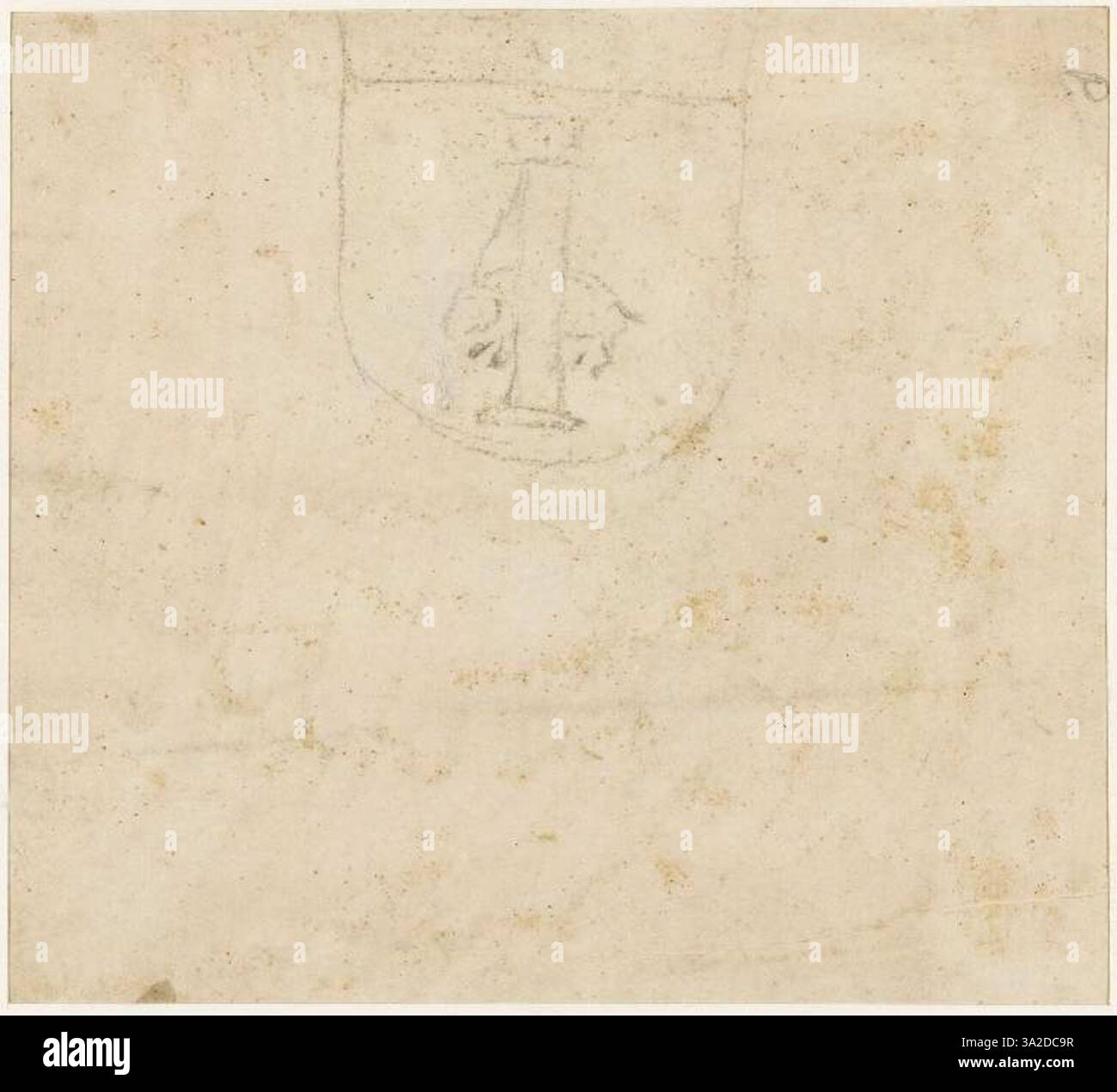 Questo schizzo di Raffaello presenta uno stemma con un animale legato a una colonna, un elemento simbolico spesso usato nei disegni araldici. Riflette la sua versatilità nel combinare elementi simbolici e artistici. Foto Stock