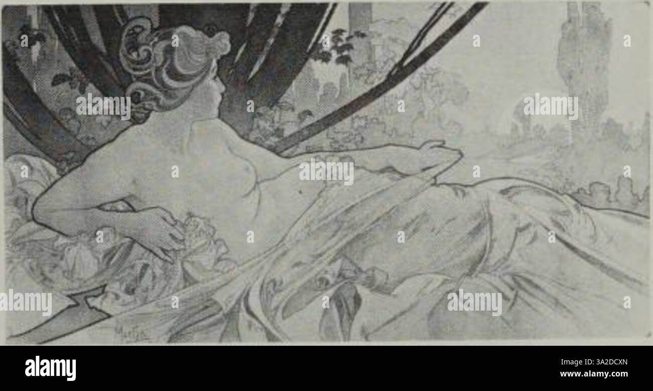 "Ponti P32" mette in risalto la miscela distintiva di Mucha di forme organiche con motivi geometrici, creando una composizione armoniosa e ornamentale in stile Art Nouveau. Foto Stock