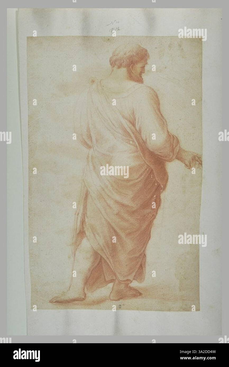 Questa copia dopo Raffaello mostra un uomo drappeggiato visto da dietro, basato su una figura nella disputa del Sacramento, che enfatizza profondità e movimento. Foto Stock