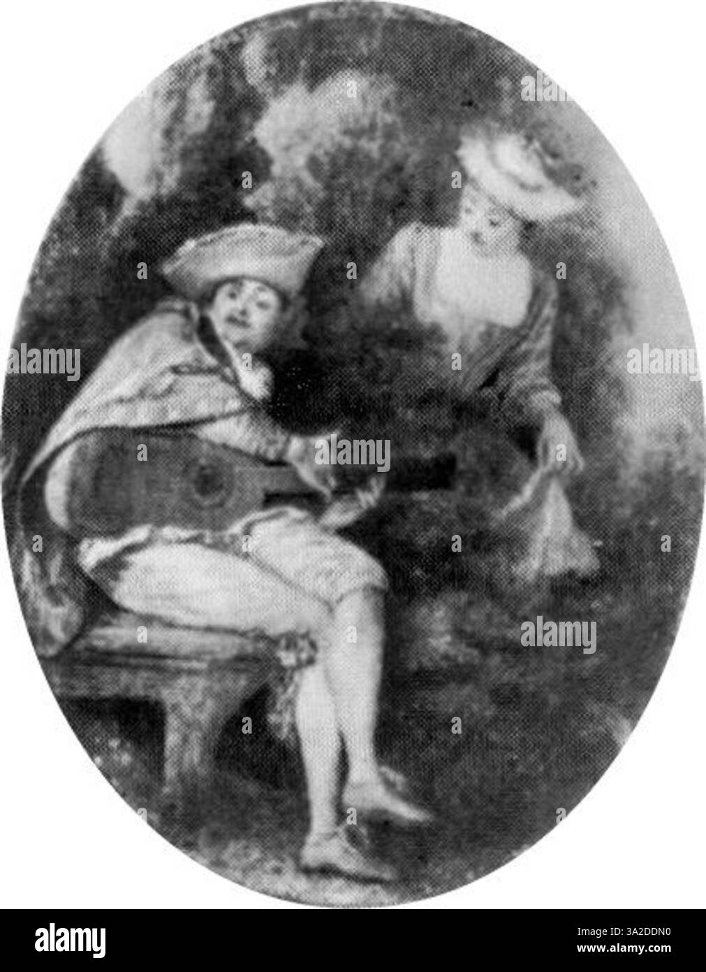 Il dipinto di Watteau cattura l'essenza dello stile rococò con figure in un ambiente aristocratico. La luce soffusa e la tavolozza pastello trasmettono un'atmosfera di grazia ed eleganza. Foto Stock