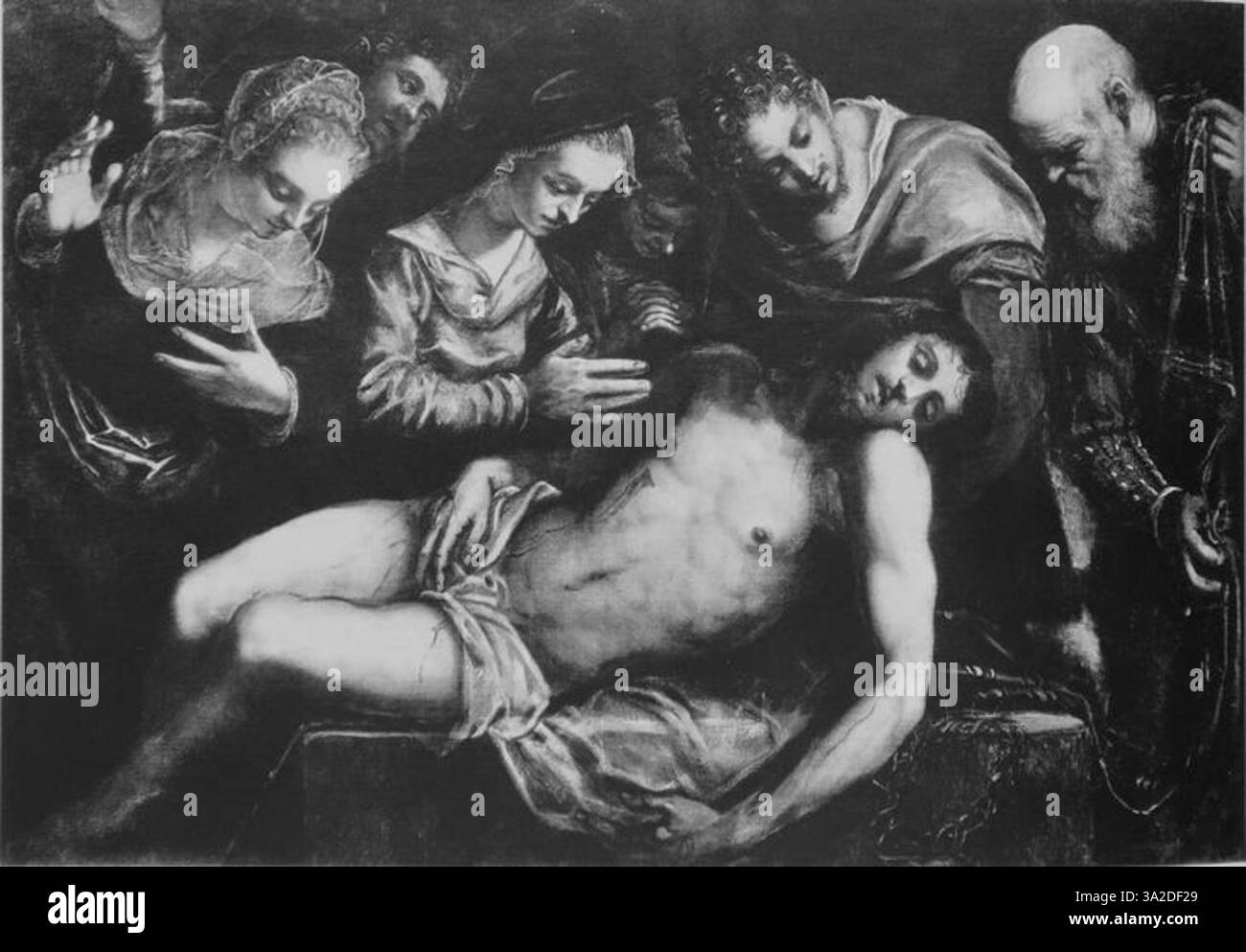 Questo pezzo di Jacopo Tintoretto dimostra il suo stile distintivo di fondere l'illuminazione drammatica con figure espressive. La narrazione, piena di profondità emotiva, riflette l'abilità di Tintoretto nella rappresentazione storica e religiosa. Foto Stock