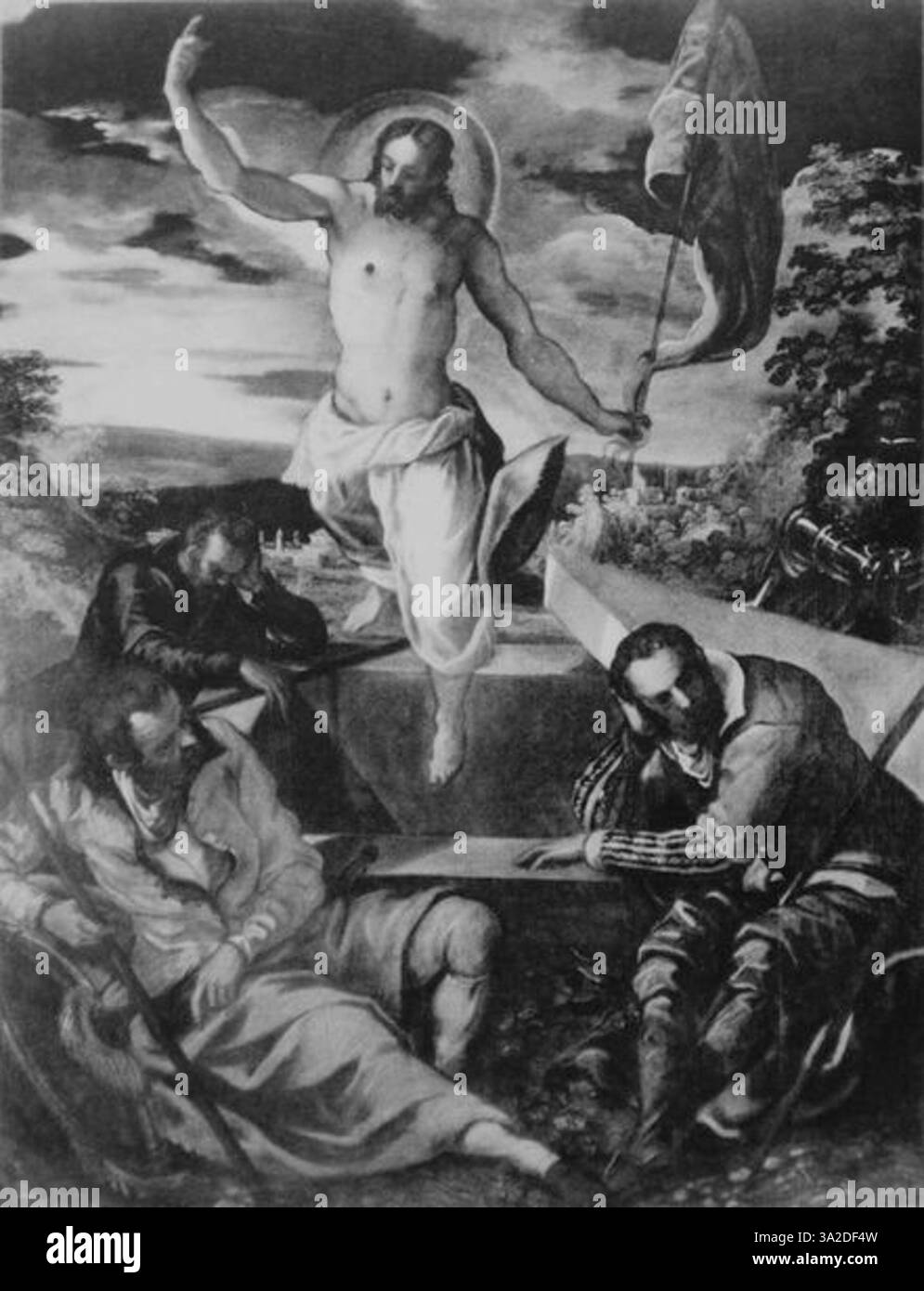 Questo lavoro di Jacopo Tintoretto dimostra il suo caratteristico uso di luce e movimento drammatico, con figure che trasmettono l'intensità emotiva di un momento religioso o storico. Foto Stock