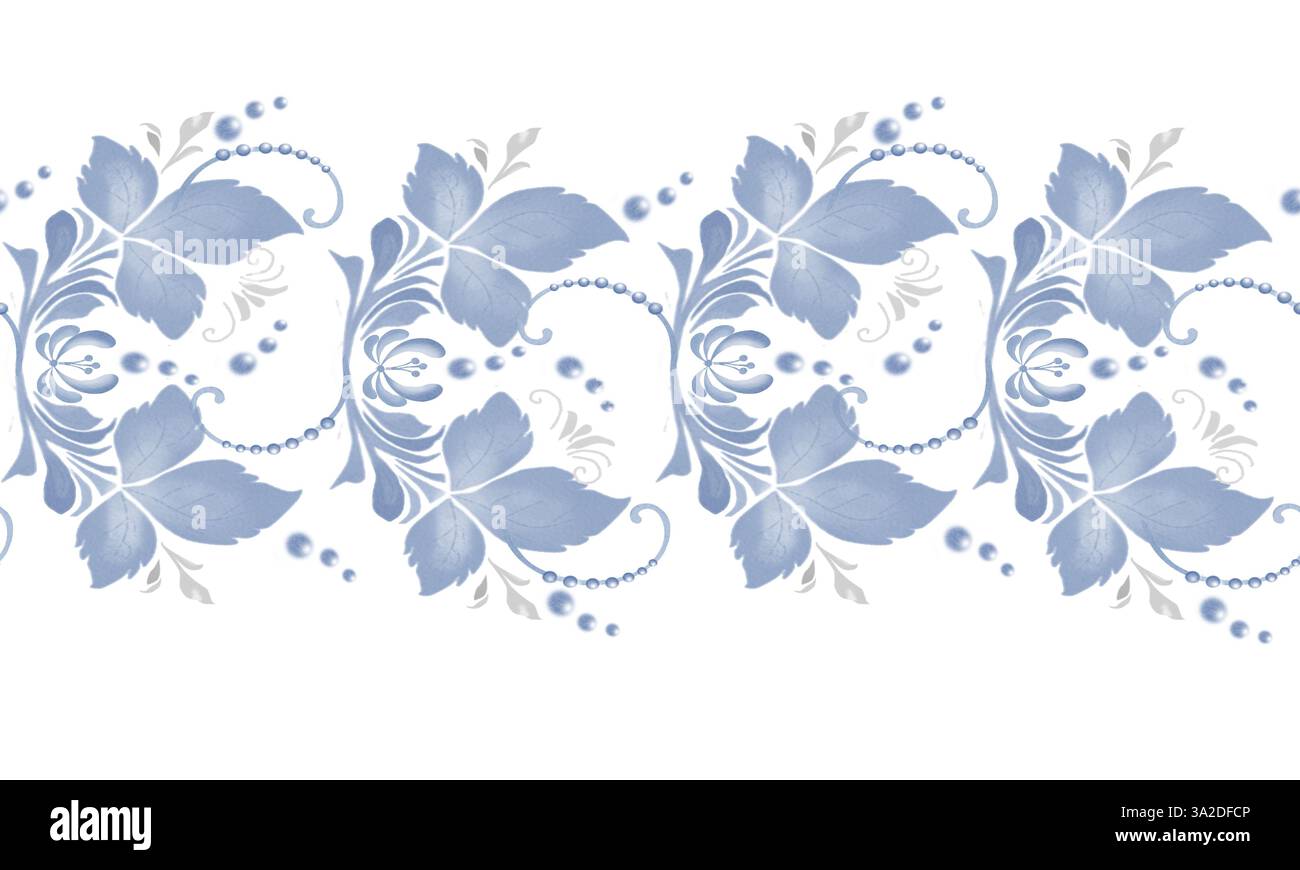 Foglie e ramoscelli blu su un bordo orizzontale senza cuciture. Elemento ornamento in stile russo isolato sullo sfondo. Illustrazione in acquerello in digitale. Styl Foto Stock