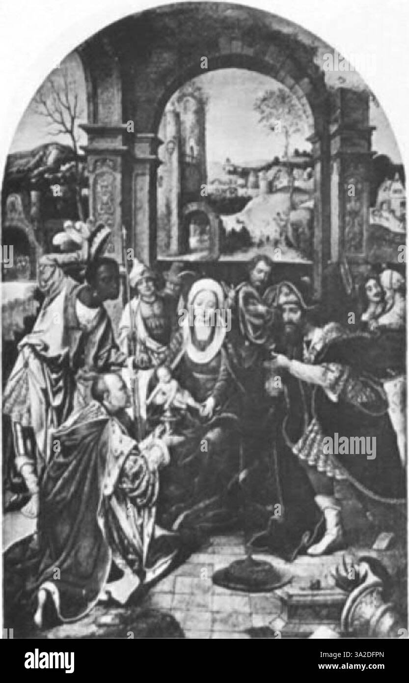 Questo dipinto di Adriaen Ysenbrant riflette le caratteristiche distintive dello stile manierista di Anversa: L'uso di figure allungate e texture altamente dettagliate. Il lavoro utilizza un contrasto sorprendente tra luce e ombra per migliorare l'effetto drammatico. Foto Stock