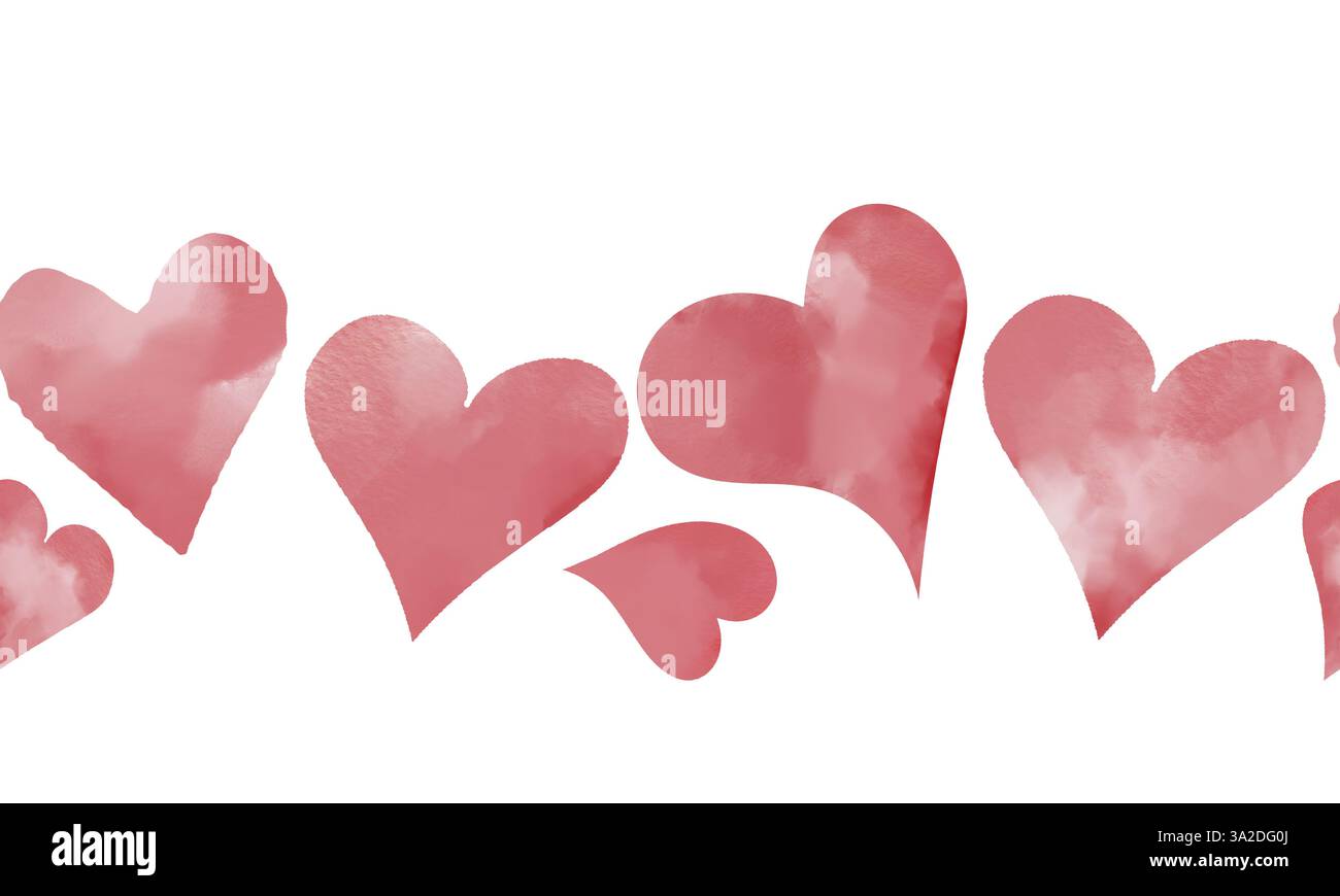 Graziosi cuori rosa con motivo senza cuciture. Cuori di san valentino rosa e rosso isolati su sfondo bianco. Illustrazione digitale acquerello. Romantico spirito di confine Foto Stock