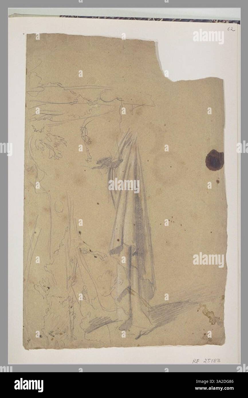 Questo disegno di Chassériau presenta studi di tendaggi e foglie. L'artista esamina il rapporto tra tessuto e forme organiche, sottolineando la consistenza e il flusso dei materiali. Foto Stock