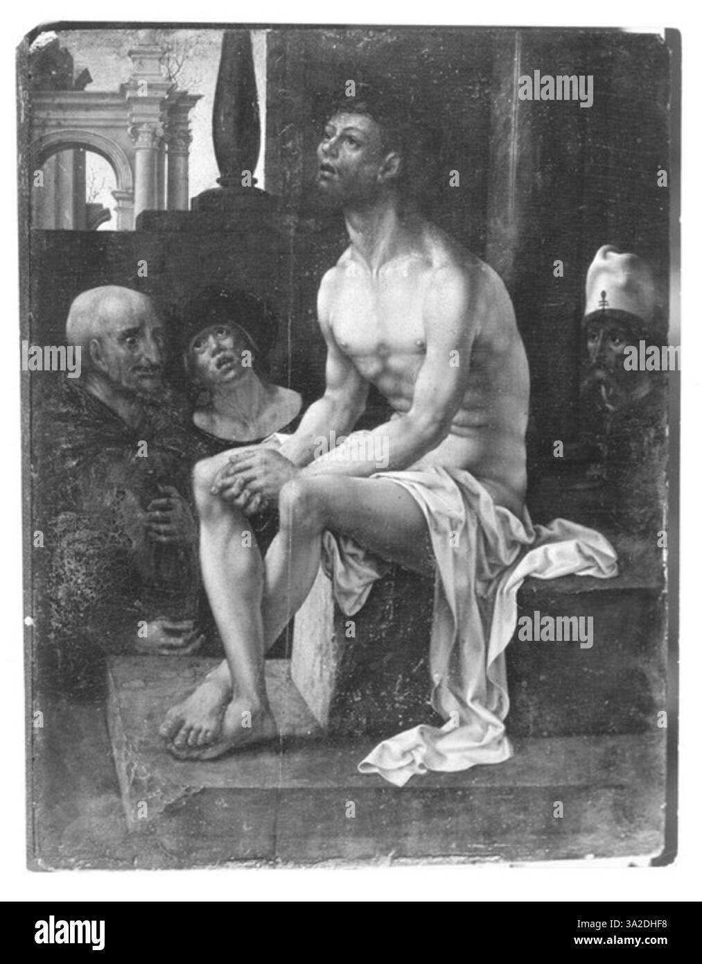 Questa opera d'arte è un post-studio basato sulla raffigurazione di Cristo di Jan Gossaert dopo la flagellazione. Il pezzo riflette l'intenso focus emotivo della narrazione della passione, enfatizzando la sofferenza e la devozione. Foto Stock
