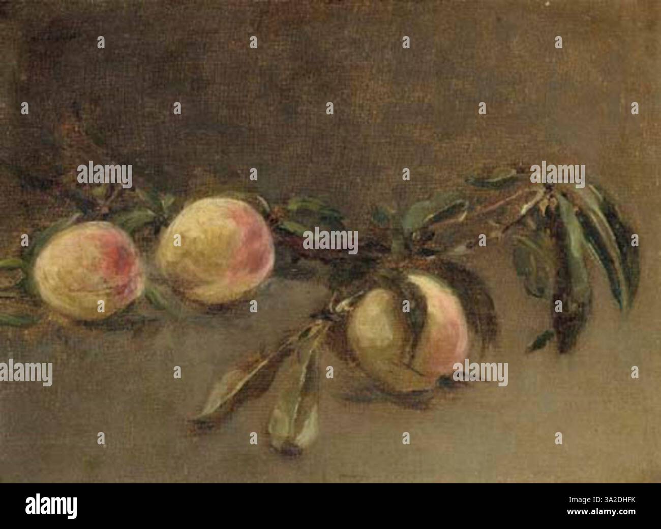 Questo dipinto di natura morta di Eva Gonzalès presenta un ramo di pesche, che mostra la capacità dell'artista di catturare la delicata consistenza e la bellezza naturale del frutto. Foto Stock