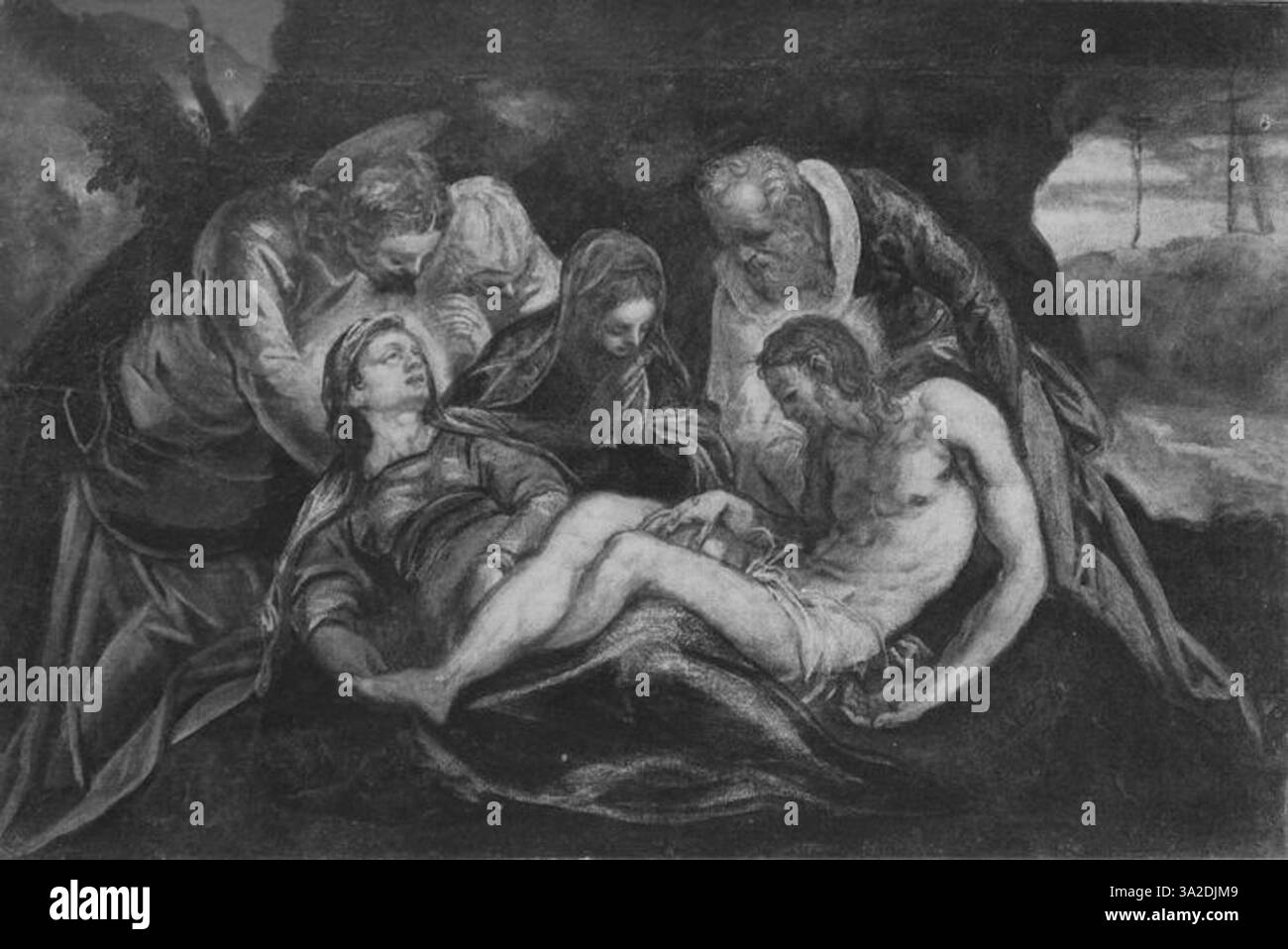 In questo dipinto, Jacopo Tintoretto utilizza forti contrasti di luce e di buio per rappresentare un momento emotivo potente. Le figure sono energiche, catturando l'intensità del tema religioso e la composizione drammatica migliora l'impatto emotivo della scena. Foto Stock