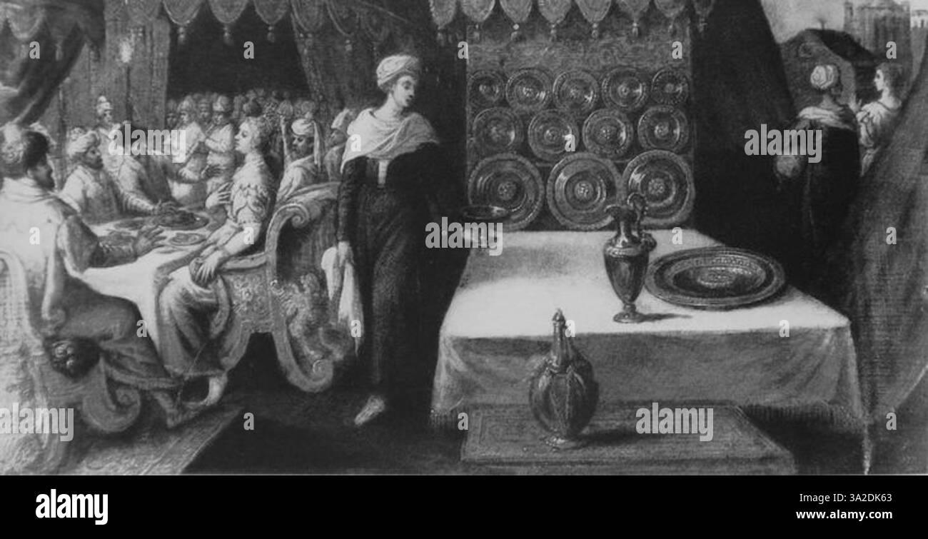 In questo dipinto, Jacopo Tintoretto mette in mostra la sua composizione dinamica, piena di energia e movimento, impreziosita da audaci contrasti di luce e ombra. La scena raffigura una potente narrazione religiosa o storica. Foto Stock