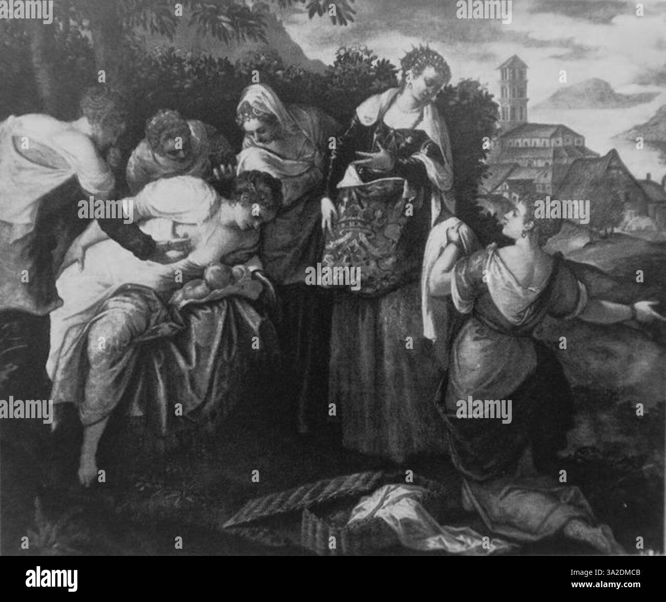 Questo dipinto di Jacopo Tintoretto espone il suo stile distintivo di illuminazione drammatica, figure dinamiche e intensità emotiva. La scena trasmette l'urgenza e il potere di un momento religioso o storico. Foto Stock