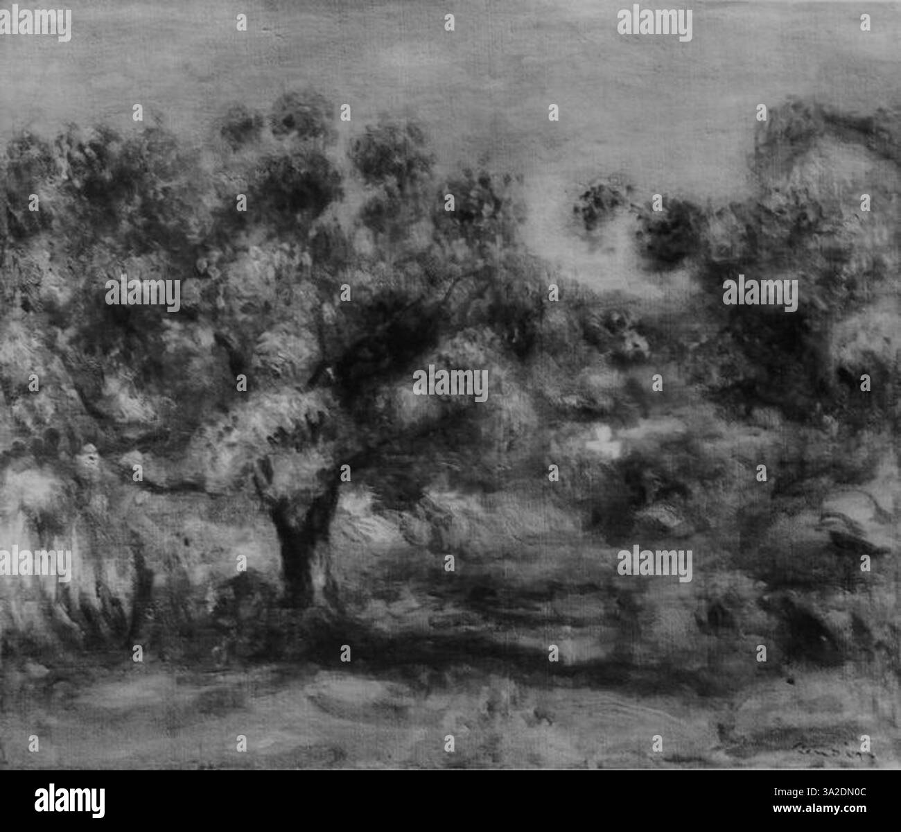 Renoir 2902 presenta figure in un intimo raduno all'aperto, dove luci soffuse e tonalità calde creano un senso di vicinanza e tranquillità. Foto Stock