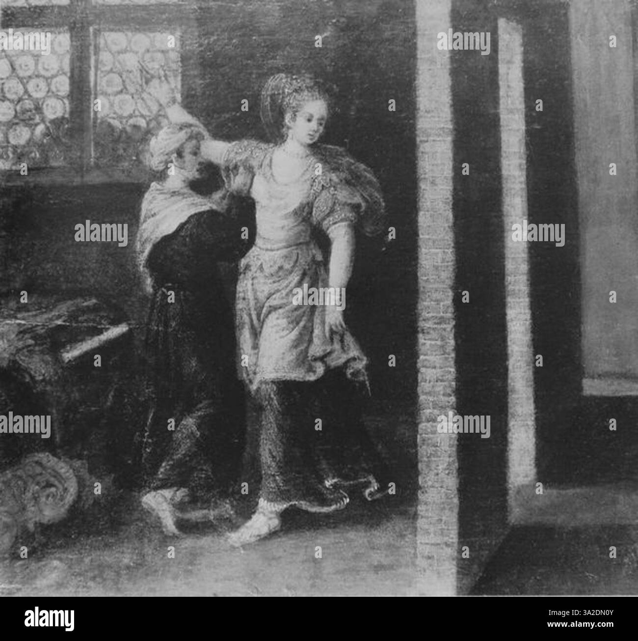 Questo dipinto di Jacopo Tintoretto dimostra il suo uso di luce drammatica, di ombre intense e di figure energiche per trasmettere potenza emotiva e profondità narrativa in una scena religiosa o storica. Foto Stock