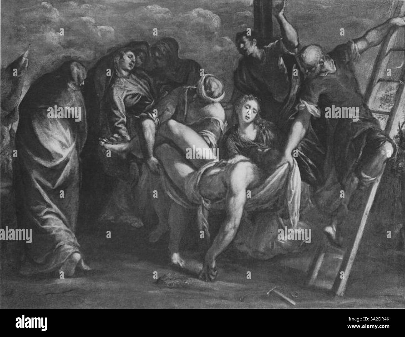 Questo dipinto di Jacopo Tintoretto esemplifica il suo uso drammatico di luce e ombra. La scena, piena di figure energiche, cattura un momento da temi religiosi o mitologici, evidenziando l'abilità dell'artista nel creare una composizione dinamica e una profondità emotiva. Foto Stock