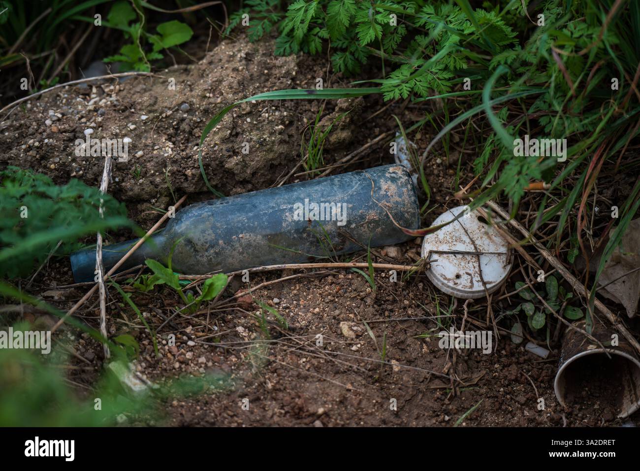Il vetro vecchio usava una bottiglia e altri rifiuti lasciati in natura Foto Stock
