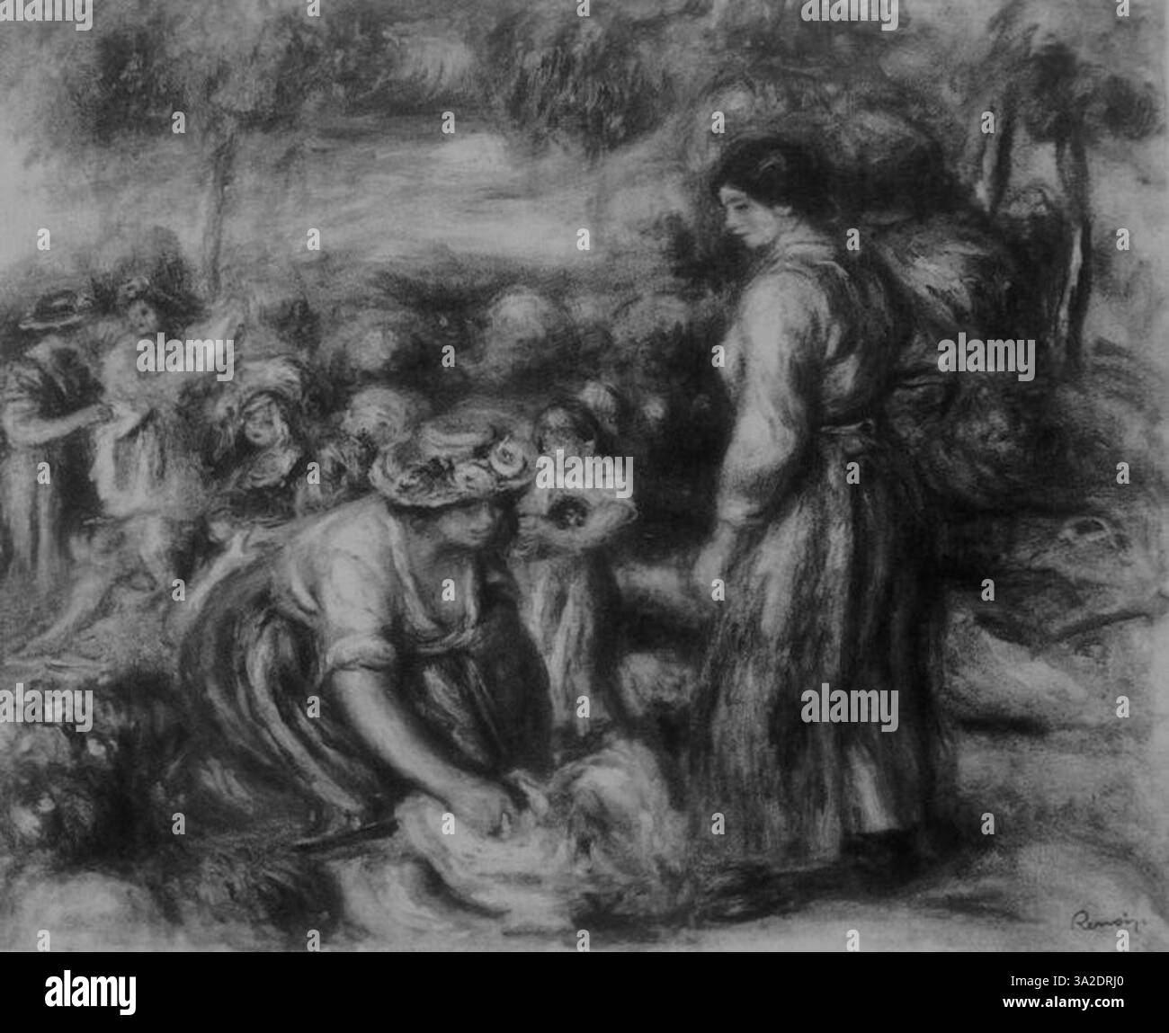 Il 3997 di Renoir raffigura figure immerse in un ambiente naturale, con illuminazione soffusa e un focus sull'interazione delle figure con l'ambiente circostante, caratteristica delle opere successive di Renoir. Foto Stock