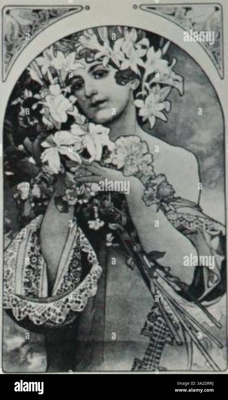 "Bridges P17" integra intricati elementi floreali con motivi geometrici, esemplificando lo stile Art Nouveau decorativo e ispirato alla natura di Mucha. Foto Stock